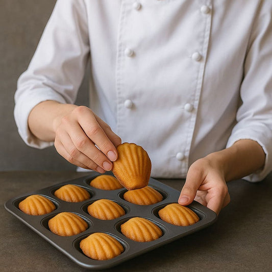 女性パティシエが焼きたての貝型マドレーヌを天板から取り出している様子