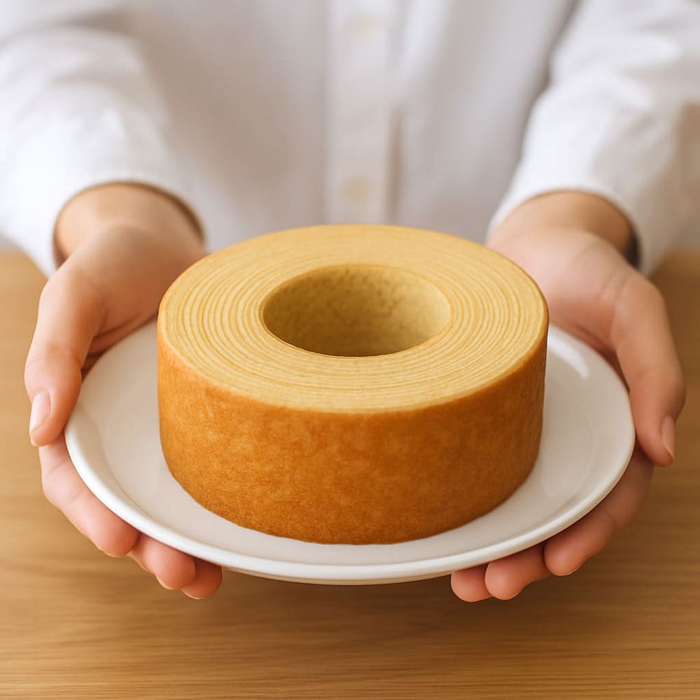 白い皿に乗せたホールのバームクーヘンを両手で差し出している写真