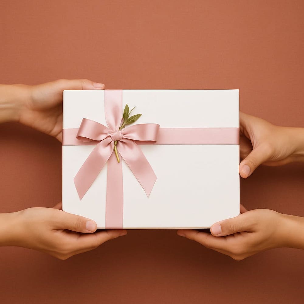 シンプルな背景の中、両手で四隅を持ちながらギフトボックスを差し出し、両手で受け取る人の手元の様子