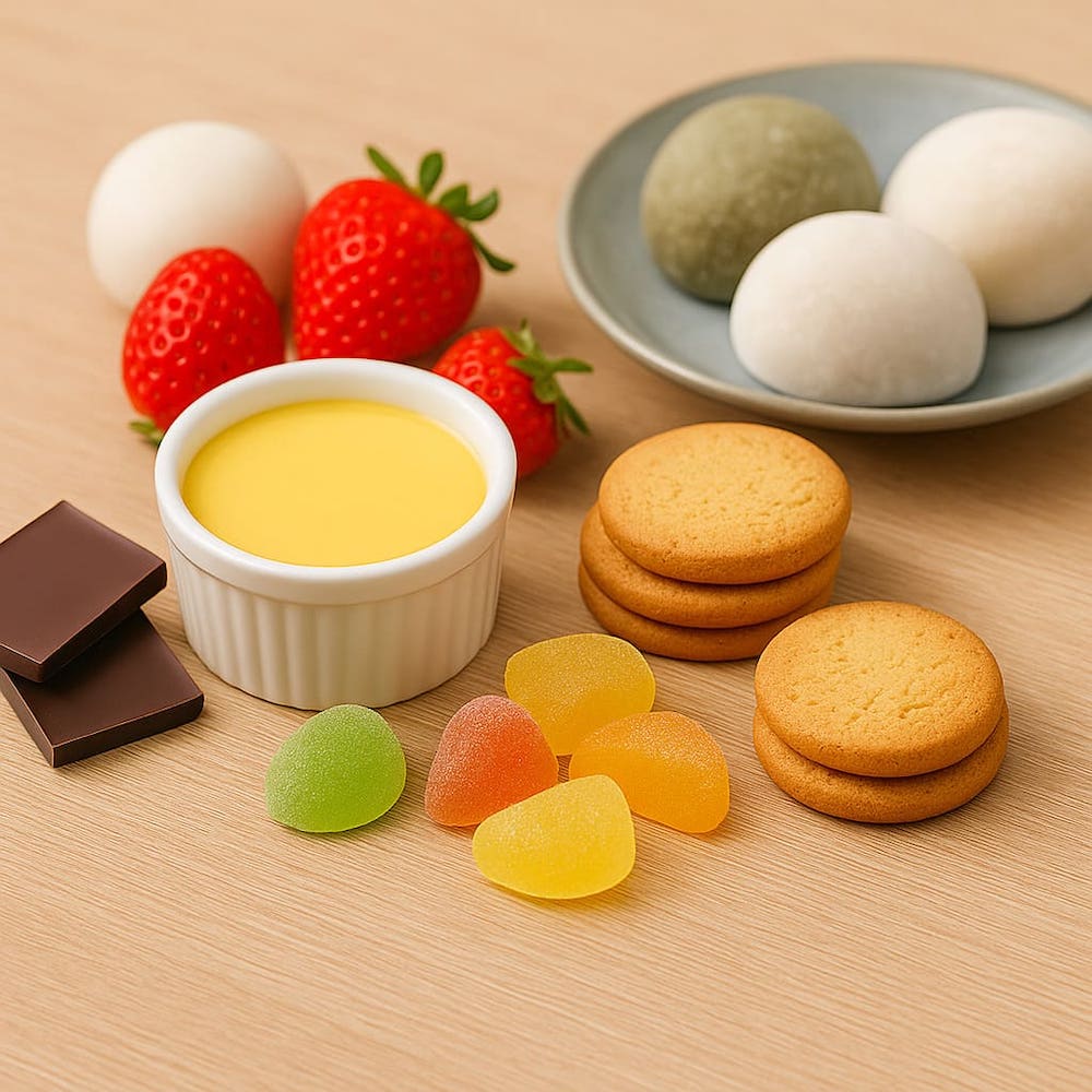 プリン、グルテンフリークッキー、チョコレート、グミ、いちご、三色の大福が木のテーブルに美しく並べられた写真