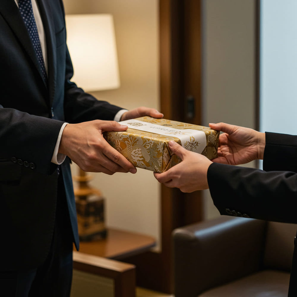 スーツ姿のビジネスマンが、取引先の人物へ菓子折りの箱を丁寧に手渡している場面。ビジネスシーンでの手土産マナーや心遣いを表現した構図