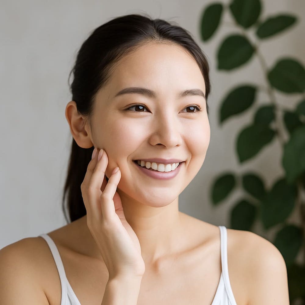 肌がきれいな若い女性が頬に手を添えて微笑む、自然光の中で撮影された写真